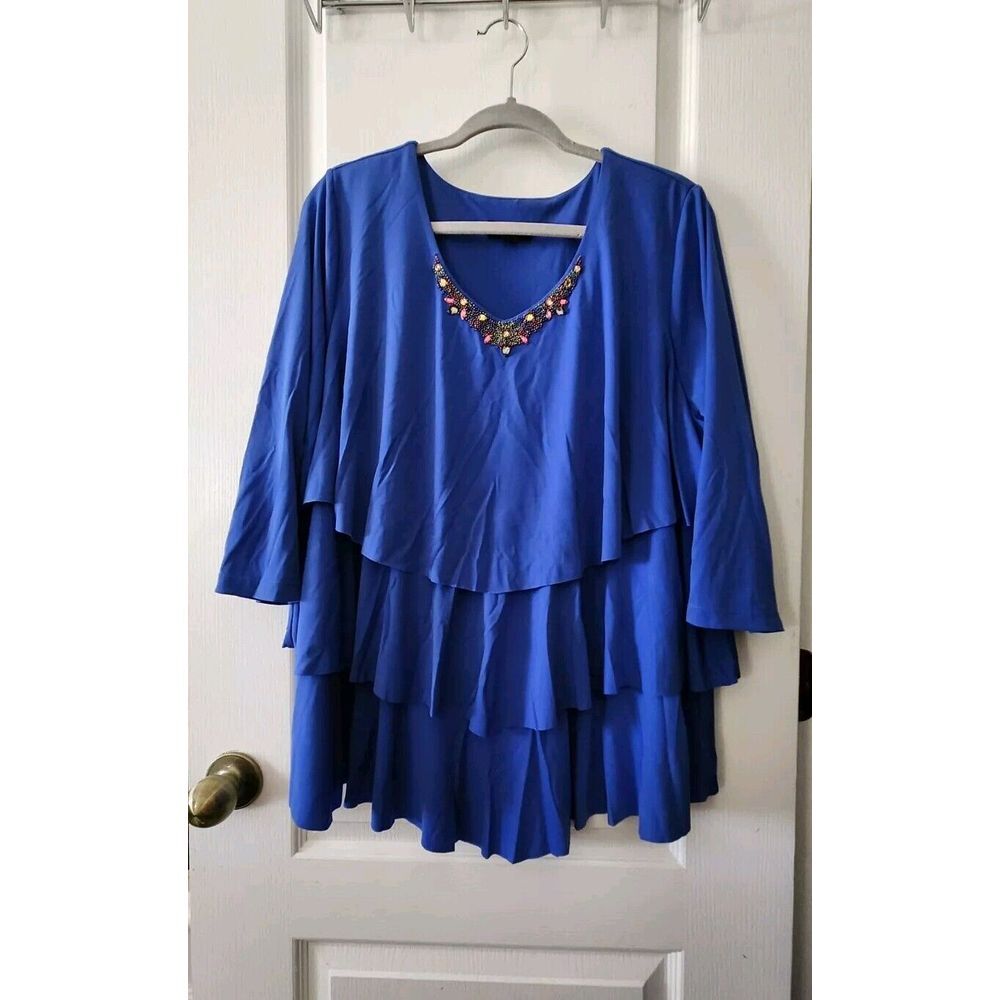 Susan Graver Women's Blouse Blue Ruffled Embellished with beaded 3/4 Sleeve 2X